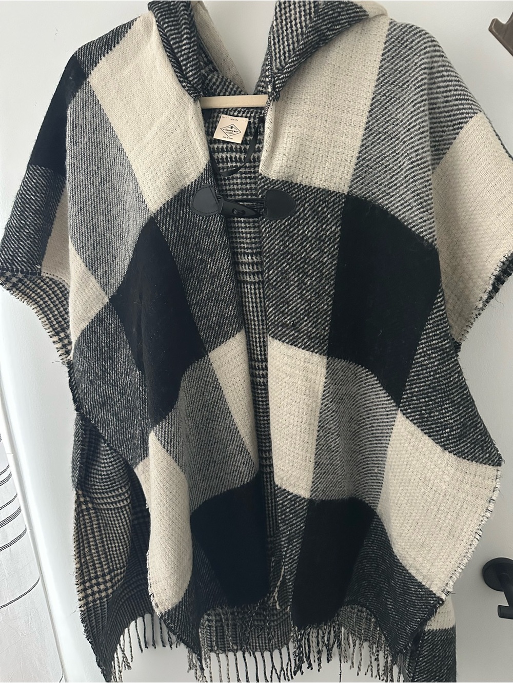 St. Johns Bay Black and Cream Plaid Hooded Poncho